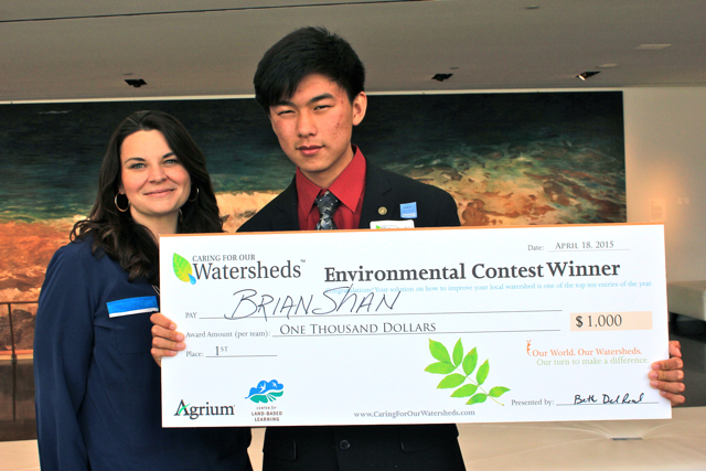 2015 First Place Winner, Brian Shan with his teacher from Mira Loma High School