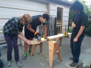 Students building bee box