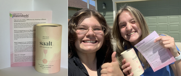 Menstrual cup in packaging with pamphlet of watershed info, students posing with menstrual cup