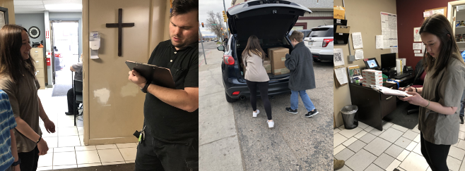 Man signing clipboard with student watching, students loading boxes into vehicle, student checking clipboard in office