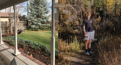 outside garden containing milkweed plant, student standing in garden