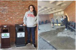 Student standing beside waste bin